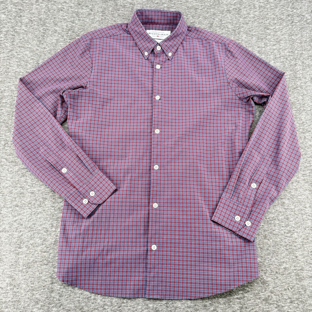 Mizzen+Main Leeward Shirt Mens Medium Trim Fit Red Blue Plaid Made in USA